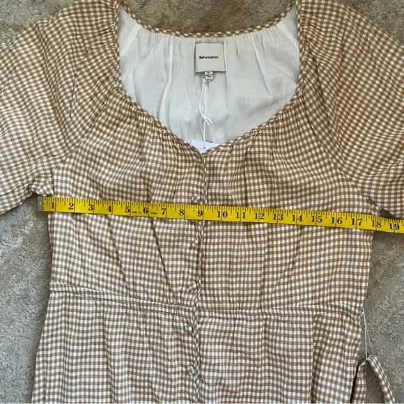 Reformation NWT Roland Dress Anzo Check Tan White Gingham Maxi Puff Sleeves: XL - Picture 11 of 11